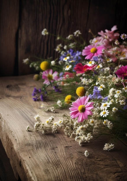 Un mazzo di fiori su una panca di legno