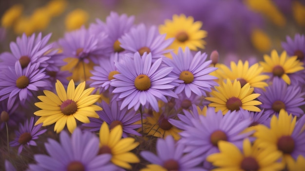 Un mazzo di fiori viola con centri gialli