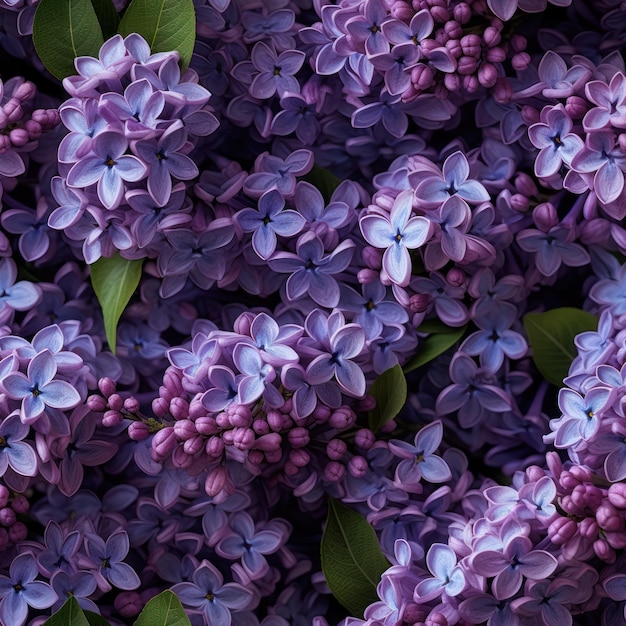 Un mazzo di fiori viola con foglie verdi e la scritta lilla sul fondo.