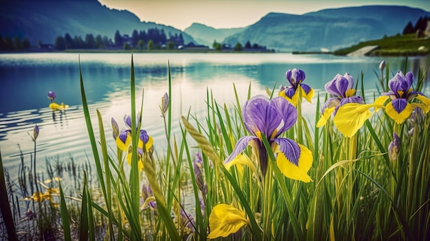 Un mazzo di fiori viola e gialli accanto a uno specchio d'acqua AI immagine generativa