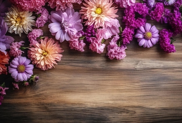 Un mazzo di fiori viola su un tavolo di legno