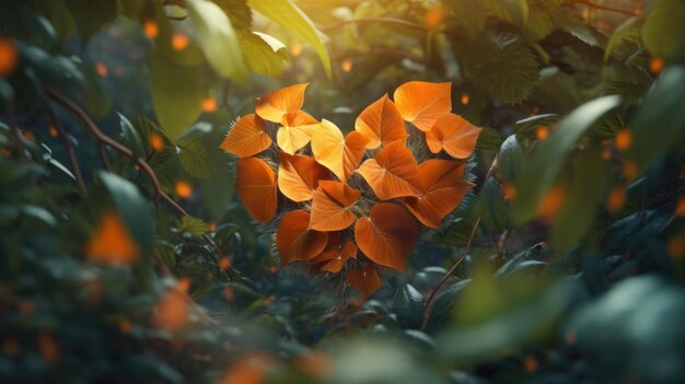 Un mazzo di foglie d'arancio nel mezzo di una foresta frondosa.