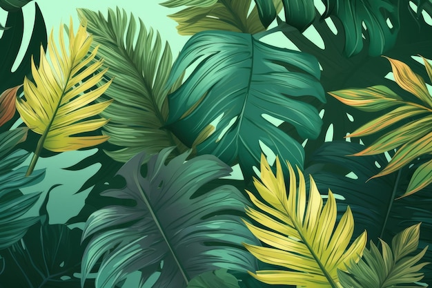 Un mazzo di foglie verdi e gialle su uno sfondo verde AI generativo
