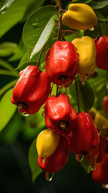 un mazzo di frutti rossi e gialli appesi a un albero