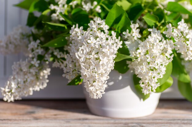 Un mazzo di lillà bianco si erge in un vaso bianco su un fondo di legno. Profumo di primavera profumato.