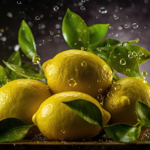 Un mazzo di limoni con foglie verdi e gocce d'acqua su di loro.