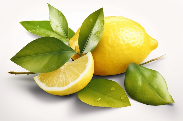 Un mazzo di limoni con foglie verdi su di loro