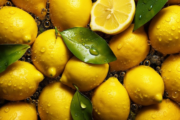 Un mazzo di limoni con foglie verdi su di loro