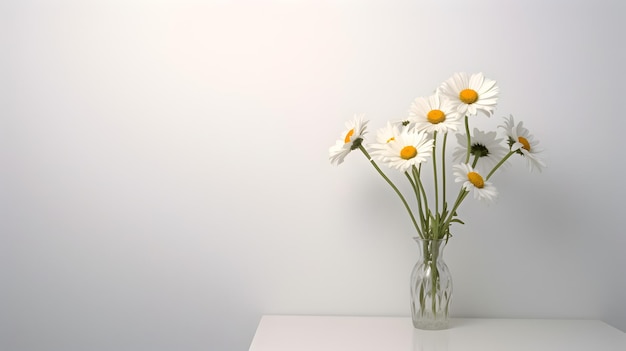 Un mazzo di margherite in un vaso di vetro bianco su un tavolo bianco fiorisce in un interno bianco