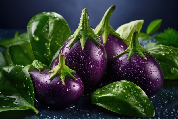 Un mazzo di melanzane viola con foglie verdi su sfondo blu