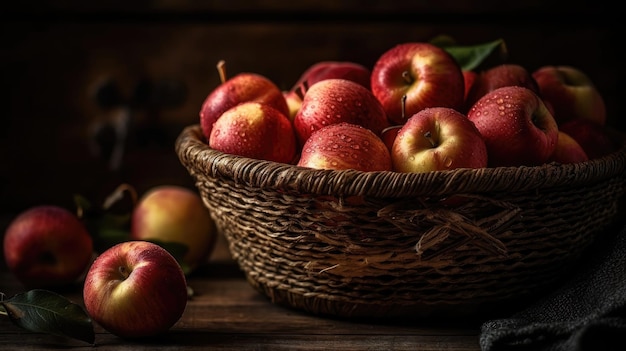 Un mazzo di mele rosse fresche in un cesto con sfocatura dello sfondo