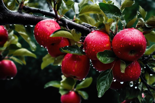 Un mazzo di mele rosse pende da un albero con gocce di pioggia su di esse.