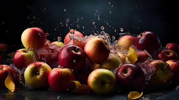 Un mazzo di mele sta cadendo in una ciotola con gocce d'acqua che vi galleggiano intorno.