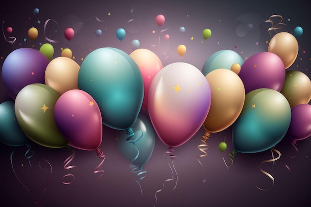Un mazzo di palloncini con la parola compleanno sul fondo