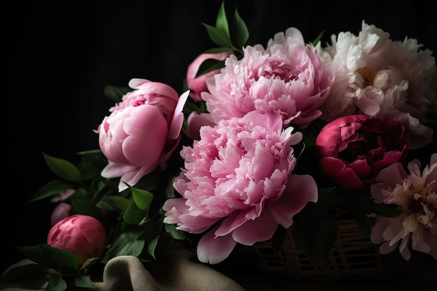 Un mazzo di peonie rosa su uno sfondo scuro