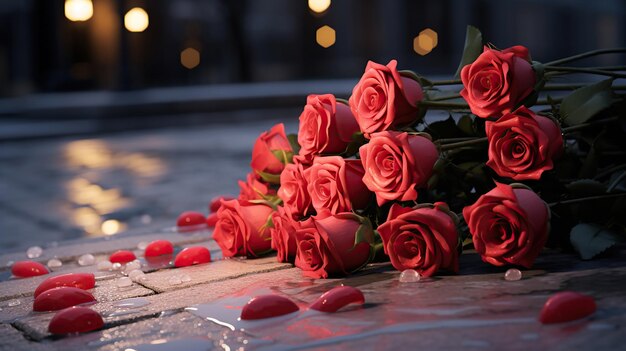 Un mazzo di piccole rose rosse si trova sul marciapiede di cemento Generativo ai