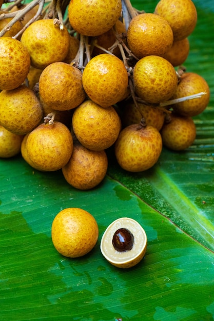 Un mazzo di rami di longan su uno sfondo di foglia di banana verde. Vitamine, frutta, cibi sani