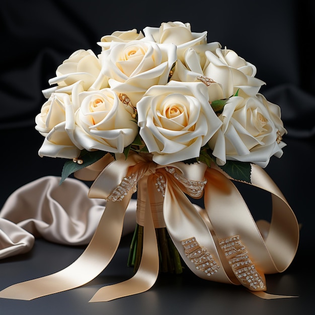 Un mazzo di rose bianche con un nastro d'oro intorno al fondo.