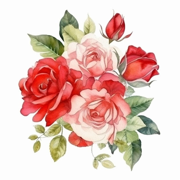 Un mazzo di rose con foglie e fiori.