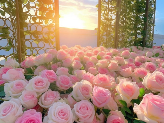 Un mazzo di rose rosa è in un giardino con il sole che tramonta dietro di loro.