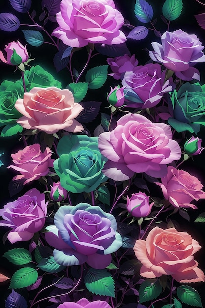Un mazzo di rose rosa e viola è su sfondo nero