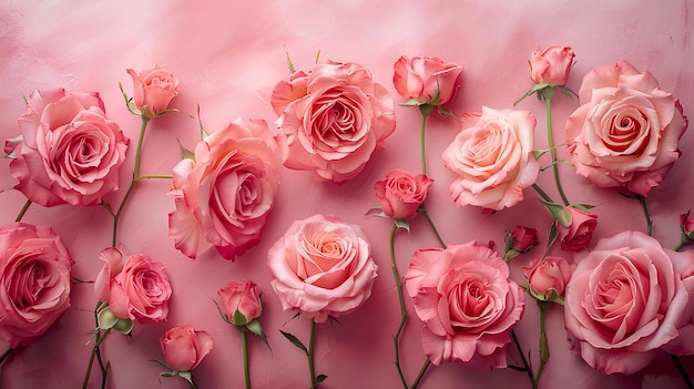 Un mazzo di rose rosa su uno sfondo rosa con gocce d'acqua su di loro e uno sfondo Rosa con un
