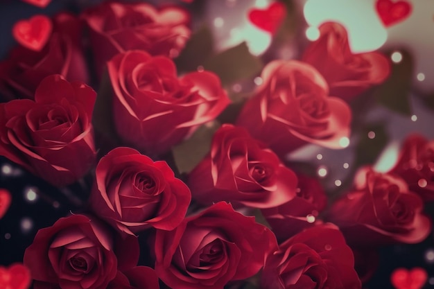 Un mazzo di rose rosse con cuori che fluttuano intorno a loro IA generativa