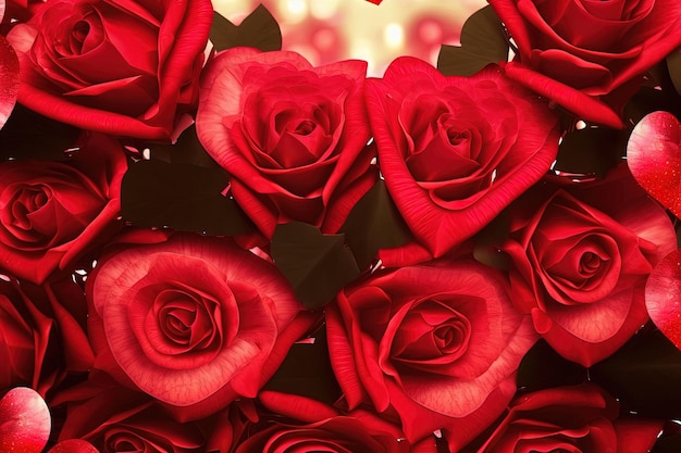 Un mazzo di rose rosse è disposto a forma di cuore generativo AI
