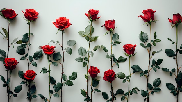 Un mazzo di rose rosse sono allineate contro una parete bianca con foglie verdi su di esso e un singolo gambo un