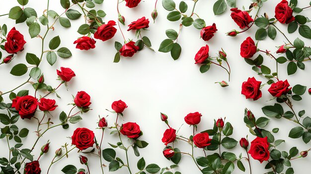 Un mazzo di rose rosse su uno sfondo bianco con foglie verdi e gambi sui gambi e i gambi