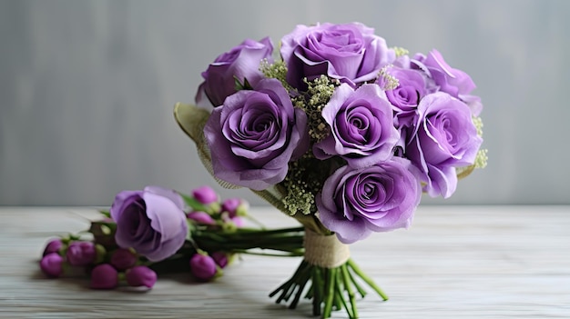 un mazzo di rose viola sul tavolo con fiori