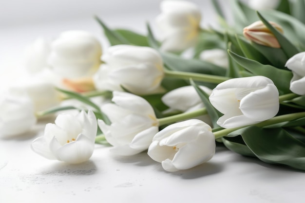 Un mazzo di tulipani bianchi su un tavolo bianco