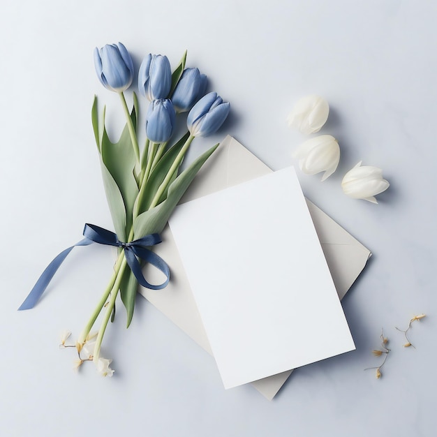 Un mazzo di tulipani blu e una carta con un nastro blu legato intorno.