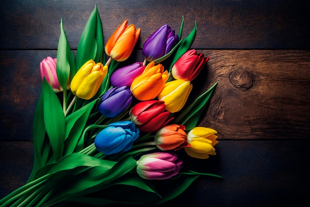 Un mazzo di tulipani colorati arcobaleno su un tavolo di legno.