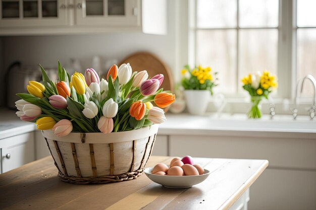 Un mazzo di tulipani e un cesto di uova di Pasqua sono entrambi sul bancone della cucina Generative AI