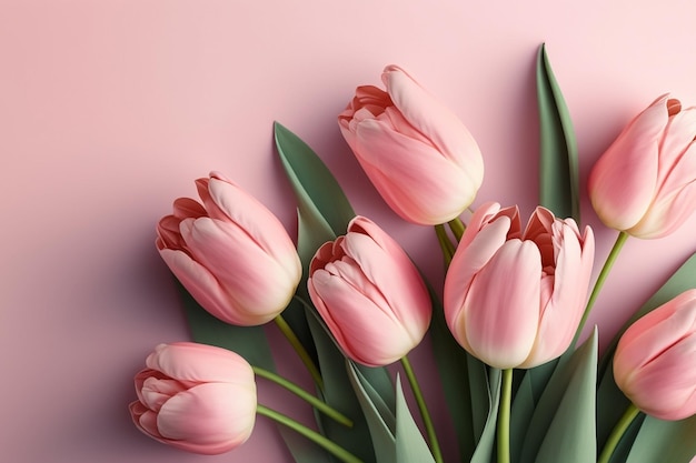 un mazzo di tulipani rosa con foglie verdi su sfondo rosa.