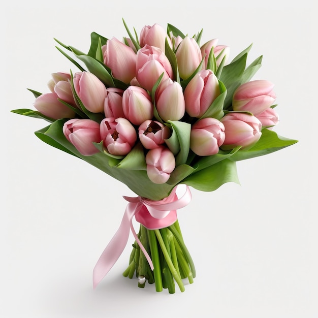 Un mazzo di tulipani rosa è legato con un nastro.