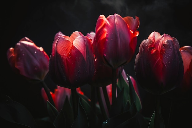 Un mazzo di tulipani rossi con lo sfondo scuro.
