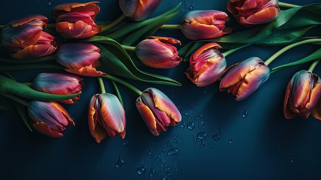 Un mazzo di tulipani su sfondo blu con gocce d'acqua.