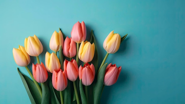 Un mazzo di tulipani su uno sfondo blu