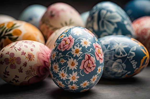 Un mazzo di uova di pasqua dipinte con motivi floreali IA generativa