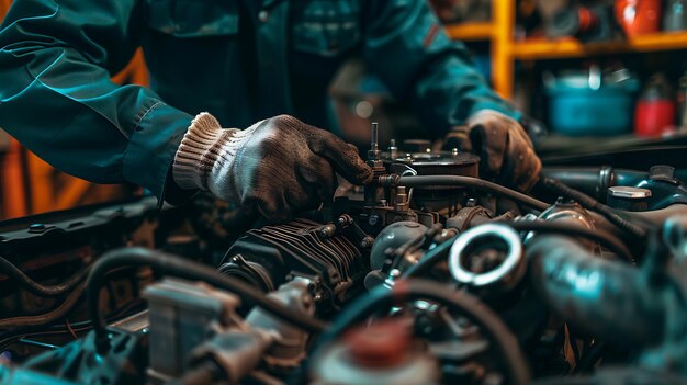 Un meccanico con guanti di protezione lavora su un motore d'auto in un'officina di riparazione