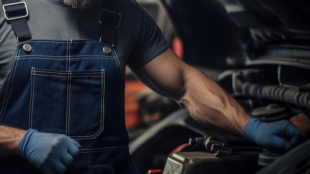 Un meccanico di servizio automobilistico in uniforme si trova sullo sfondo di un'auto che si occupa di riparazione e manutenzione di auto