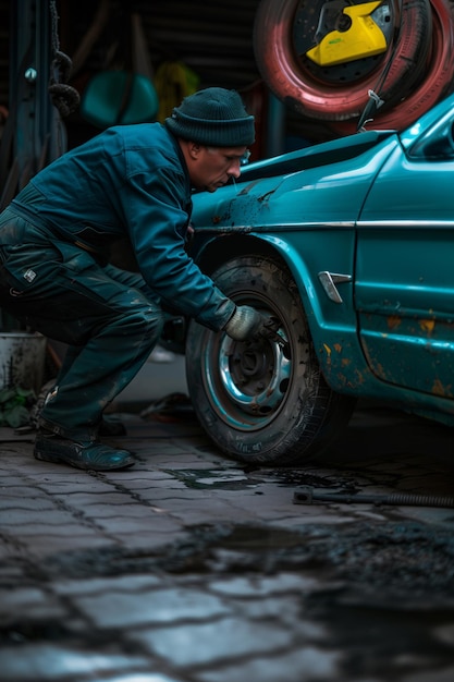 un meccanico in uniforme che ripara un'auto vecchia in un servizio auto