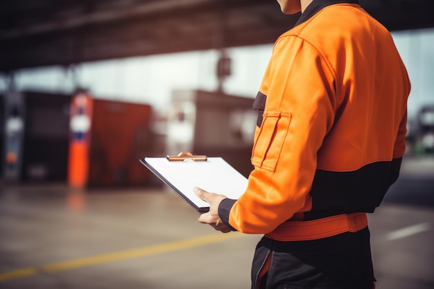 Un meccanico in uniforme con un blocco di scrittura in una stazione di servizio un meccanico in uniformi con una scrittura di scrittura