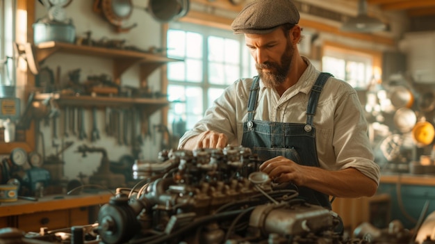 Un meccanico lavora su un motore di auto d'epoca in un'officina