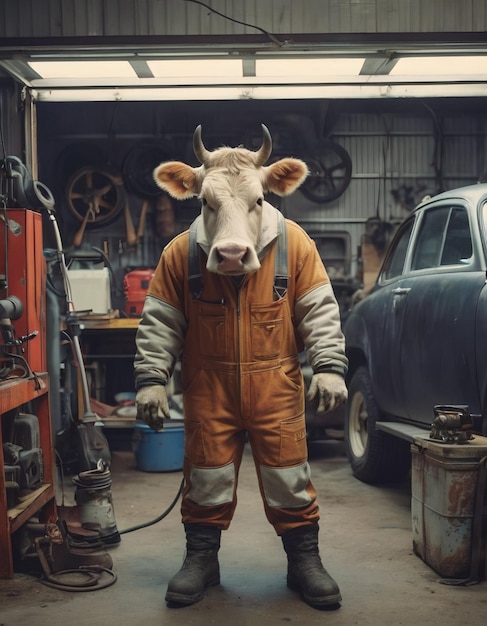 Un meccanico toro antropomorfo si trova accanto a un'auto rotta nel garage