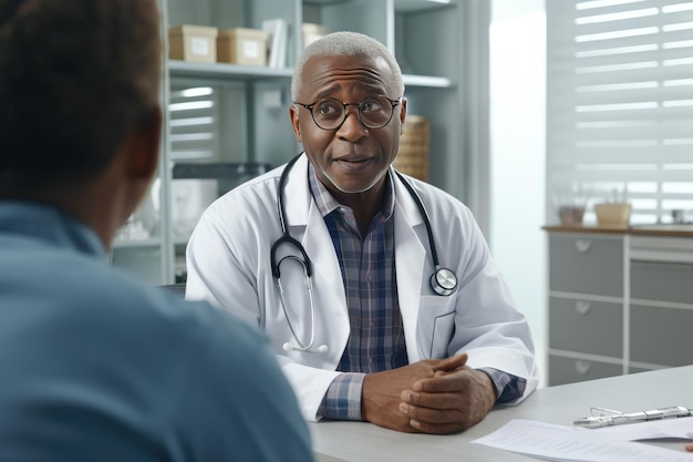 Un medico afroamericano con gli occhiali e un camice bianco sta visitando un paziente seduto a un tavolo in ufficio