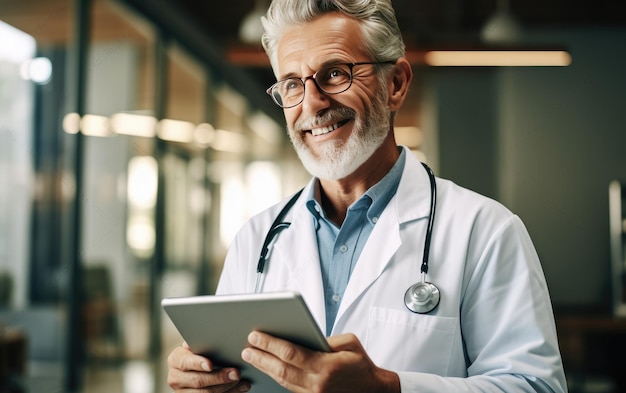 Un medico anziano allegro con un tablet digitale