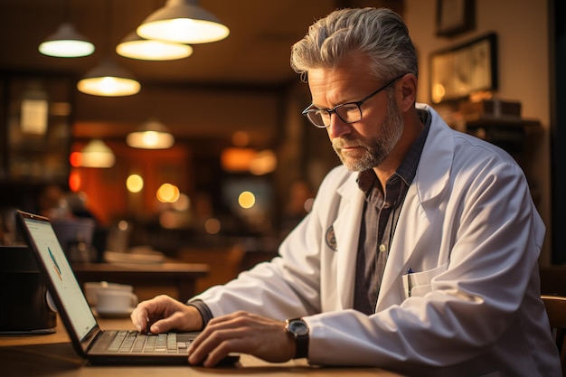 un medico anziano seduto a lavorare al suo laptop in ufficio